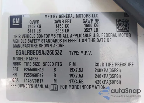 2010 Buick Enclave 1Xl from USA, damaged, VIN 5GALRBED9AJ260632